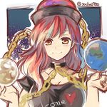  chain clothes_writing collar collarbone earth earth_(ornament) hat heart hecatia_lapislazuli moon_(ornament) polos_crown red_eyes red_hair short_sleeves sketch socha solo touhou 