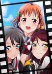  absurdres ahoge blue_eyes blush bow braid brown_hair clover_hair_ornament film_strip hair_ornament highres long_hair looking_at_viewer love_live! love_live!_sunshine!! multiple_girls open_mouth orange_hair red_eyes red_hair sakurauchi_riko school_uniform self_shot serafuku short_hair smile takami_chika uranohoshi_school_uniform watanabe_you yellow_eyes yuuki_(nijiiro_palette) 