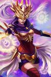  alternate_costume armor artist_name boobplate breastplate fantasy feathers gauntlets gloves gold_trim hidden_eyes highres jewelry justicar_syndra league_of_legends light_persona long_hair mask melody_(chukairi) necklace solo spread_fingers syndra white_hair 