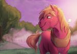  2014 absurd_res big_macintosh_(mlp) blonde_hair cutie_mark darkflame75 equine feral friendship_is_magic fur green_eyes hair hi_res horse landscape mammal my_little_pony outside pony red_fur sky smile solo tree 