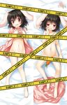  :d animal_ears barefoot bed_sheet black_hair blush bottomless bunny_ears carrot carrot_necklace caution_tape dakimakura dress dress_lift full_body groin hand_on_own_cheek hand_on_own_face hands_on_own_chest inaba_tewi looking_at_viewer lying multiple_views navel nude on_back open_mouth pink_dress red_eyes sample short_hair smile touhou yukino_minato 