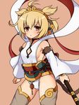  andira_(granblue_fantasy) animal_ears bare_shoulders blonde_hair blush breasts choker cleavage_cutout detached_leggings detached_sleeves earrings erune fur_trim granblue_fantasy hagoromo hairband haniwagi_(hal) jewelry looking_at_viewer monkey_ears monkey_tail red_eyes shawl short_hair sideboob simple_background small_breasts solo staff tail thighs 