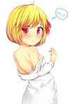  1girl :t ahoge bare_shoulders blonde_hair blush breasts cowboy_shot from_behind hair_ribbon highres kyuu-fairy000 long_sleeves looking_at_viewer looking_back off_shoulder pout red_eyes red_ribbon ribbon rumia shirt short_hair small_breasts solo spoken_blush thought_bubble touhou upper_body white_shirt 