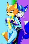  2016 anthro blue_fur breast_fondling breast_grab breasts brown_fur canine chameloshi_(artist) clothing crossgender cute erect_nipples female female/female fondling fox fox_mccloud fur green_eyes grope hair half-closed_eyes hand_on_breast horny invalid_tag krystal mammal nintendo nipples one_eye_closed open_mouth shy space_suit standing star_fox surprise teasing tongue tongue_out video_games white_fur yellow_fur zero_suit_fox 