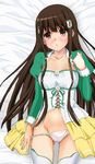  amagi_brilliant_park brown_eyes brown_hair dakimakura dress groin highres houkai koborii_(amaburi) long_hair lying navel no_shoes on_back open_clothes open_dress panties panty_pull showgirl_skirt solo thigh_gap thighhighs underwear white_legwear white_panties 