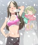  alcohol arm_up beer black_hair breasts can closed_eyes coat cold ebinera green_eyes hand_on_hip helen_(idolmaster) idolmaster idolmaster_cinderella_girls long_hair medium_breasts midriff mole mole_under_eye multiple_girls runny_nose scarf smile snow sports_bra takagaki_kaede trembling wind 
