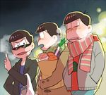  bag blue_background breath brothers closed_eyes coat gradient gradient_background groceries jacket leather leather_jacket looking_at_another male_focus matsuno_choromatsu matsuno_karamatsu matsuno_osomatsu multiple_boys open_clothes open_jacket osmt328 osomatsu-kun osomatsu-san scarf shopping_bag siblings spring_onion sunglasses winter_clothes winter_coat 