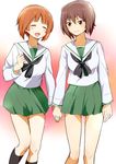  absurdres alternate_costume bad_id bad_pixiv_id black_legwear blouse blush brown_eyes brown_hair closed_eyes girls_und_panzer green_skirt highres holding_hands kneehighs long_sleeves looking_at_another miniskirt multiple_girls neckerchief nishizumi_maho nishizumi_miho ooarai_school_uniform open_mouth pleated_skirt school_uniform serafuku short_hair siblings side-by-side sisters skirt smile standing sushimako white_blouse 