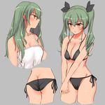  alternate_hairstyle anchovy ass bad_id bad_pixiv_id bikini black_bikini brown_eyes camisole character_sheet commentary cowboy_shot cropped_legs drill_hair from_side girls_und_panzer green_hair grey_background hair_down hair_ribbon hands_together highres long_hair multiple_views ribbon side-tie_bikini sketch standing suto_(iamsuto) swimsuit twin_drills twintails upper_body 