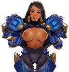  armor ass_visible_through_thighs bangs black_hair bodysuit braid breasts breasts_apart breasts_outside brown_eyes cameltoe cowboy_shot dark_skin eyebrows facial_mark flashing gauntlets greaves hair_ornament head_tilt highres large_breasts licking_lips lips long_hair looking_at_viewer md5_mismatch naughty_face nipples open_clothes open_mouth overwatch pauldrons pharah_(overwatch) pulled_by_self quad_braids side_braid simple_background solo splashbrush standing swept_bangs tearing_clothes thick_eyebrows tongue tongue_out torn_clothes turtleneck undressing white_background 