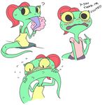  ? anthro blush breasts chameleon clothing cute dialogue dreamworks eating english_text female hair lizard lizzie open_mouth ponytail red_hair reptile scalie simple_background sitting small_breasts solo text tongue unknown_artist white_background yellow_eyes young 