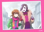  :d androgynous android black_hair brown_hair closed_eyes frisk_(undertale) fur_coat grey_skin hair_over_one_eye hand_in_pocket hand_on_another's_shoulder hato_moa jacket jewelry mettaton mettaton_ex necklace open_mouth photo_(object) pink_background purple_eyes scarf shirt short_ponytail sidelocks signature smile snowing striped striped_shirt turtleneck undertale upper_body v winter_clothes 