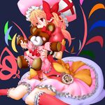  absurdres adapted_costume blonde_hair bow colorized cosplay dress flandre_scarlet hat highres laevatein pocket_watch red_eyes remilia_scarlet remilia_scarlet_(cosplay) simple_background sitting solo stuffed_animal stuffed_toy tears teddy_bear touhou tsukajin tsuruoka_masayoshi_to_junjou_romantica_2 wariza watch wings 