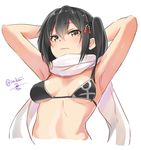  armpits arms_behind_head arms_up bikini bikini_top black_bikini black_hair blush breasts brown_eyes embarrassed eyebrows eyebrows_visible_through_hair hair_between_eyes hair_ornament hairpin isshiki_(ffmania7) kantai_collection looking_at_viewer medium_breasts remodel_(kantai_collection) scarf sendai_(kantai_collection) short_hair simple_background solo swimsuit underboob upper_body wavy_mouth white_background white_scarf 