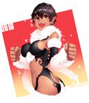  2016 :d bare_shoulders between_breasts black_hair breasts butt_crack clenched_hands dark_skin dated earrings fangs feather_boa gradient gradient_background jewelry ko-on_(ningen_zoo) large_breasts leotard open_mouth original pointy_ears short_hair sideboob skin_tight smile solo white_background yellow_eyes 