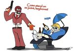  alcohol beer beverage bone chair clothing crossover engineer_(team_fortress_2) food gloves gun handgun low_res male ranged_weapon revolver skeleton spy_(team_fortress_2) team_fortress_2 umbrella undertale unknown_artist video_games weapon 