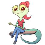  anthro blush chameleon clothing cute dreamworks female hair lizard lizzie looking_at_viewer ponytail red_hair reptile scalie scepter sitting smile solo unknown_artist yellow_eyes 