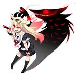  1girl bad_id bad_pixiv_id blonde_hair fangs fingerless_gloves gloves gradient_hair hair_flaps highres kantai_collection long_hair multicolored_hair red_eyes scarf school_uniform serafuku shadow solo teeth torpedo two-tone_hair white_scarf yonerinoko_(banberabu) yuudachi_(kancolle) yuudachi_kai_ni_(kancolle) 