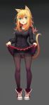  1girl :3 :d absurdres ahoge animal_ears aqua_eyes bangs black_legwear blonde_hair blush cameltoe cardigan cat_ears cat_tail collarbone fang flipped_hair full_body gradient gradient_background grey_background hair_between_eyes highres legs_apart lifted_by_self long_hair long_sleeves looking_at_viewer open_mouth original panties panties_under_pantyhose pantyhose pink_lips red_footwear red_skirt shoes skirt skirt_lift smile sneakers solo sonikey0_0 standing star star_print tail thighband_pantyhose underwear upskirt 