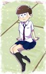  :3 arm_support bowl_cut brown_hair crossdressing danshi_koukousei_no_nichijou irino_miyu male_focus matsuno_todomatsu necktie osomatsu-kun osomatsu-san parody school_uniform seiyuu_connection serafuku signature skirt socks solo sparkle striped striped_neckwear tadakuni tsukushidango 