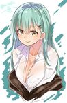  :q aqua_hair artist_name blush breasts brown_eyes brown_jacket cleavage collarbone collared_shirt covered_nipples eyebrows eyebrows_visible_through_hair hair_ornament hairclip isshiki_(ffmania7) jacket kantai_collection large_breasts long_hair looking_at_viewer off_shoulder open_clothes open_jacket shirt solo suzuya_(kantai_collection) tongue tongue_out upper_body white_shirt 