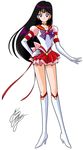  bishoujo_senshi_sailor_moon black_hair boots bow brooch choker earrings elbow_gloves full_body gloves hand_on_hip hino_rei jewelry knee_boots long_hair looking_at_viewer magical_girl marco_albiero pink_bow pleated_skirt purple_bow purple_eyes red_sailor_collar red_skirt sailor_collar sailor_mars sailor_senshi_uniform signature skirt smile solo standing star star_choker super_sailor_mars_(stars) tiara white_background white_footwear white_gloves 