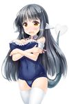  animal_ears black_hair detached_collar detached_sleeves kokage_(next_nest) long_hair one-piece_swimsuit original school_swimsuit solo swimsuit tail white_legwear yellow_eyes 