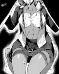  breasts cleavage cum cum_in_mouth cum_on_body cum_on_breasts cum_on_upper_body cumdrip fellatio greyscale hand_on_legs head_out_of_frame hetero highres jjune kneeling medium_breasts monochrome navel open_clothes open_shirt oral original pussy_juice pussy_juice_puddle shirt side_ponytail skirt solo_focus thighhighs trembling 