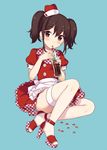  apron bad_id bad_pixiv_id bottle brown_eyes brown_hair coca-cola coke_bottle dress drinking_straw hat high_heels highres looking_at_viewer maki_(natoriumu) nuka_cola original pantyhose puffy_short_sleeves puffy_sleeves red_dress sandals short_sleeves solo thigh_strap twintails waist_apron waitress 