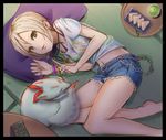  1girl black_eyes blonde_hair commentary_request fox idolmaster idolmaster_cinderella_girls shiomi_syuko short_hair smile solo yasai_no_ou-sama_lettuce 