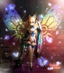  azure_striker_gunvolt bad_id bad_pixiv_id bare_shoulders blonde_hair breasts butterfly_hair_ornament cleavage detached_sleeves hair_ornament highres long_hair lumen_(gunvolt) medium_breasts multicolored_hair red_hair solo thighhighs two-tone_hair wide_sleeves wings yunzn_(yje6344) 