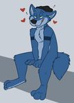  &lt;3 4_fingers :3 anthro blue_fur canine chest_tuft cute drunk fur green_eyes hair hat inner_ear_fluff love male mammal nude paws robbie rotten_robbie short_hair simple_background sitting smile solo tuft wolf 