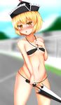  bikini blonde_hair blush breasts closed_umbrella collarbone groin hat highres looking_at_viewer lunasa_prismriver micro_bikini navel open_mouth race_queen small_breasts solo swimsuit tokoya_(ex-hetare) touhou umbrella underboob yellow_eyes 