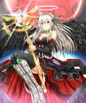  black_legwear breasts cleavage detached_sleeves hair_ornament halo highres holding holding_weapon isshiki_(ffmania7) jewelry long_hair medium_breasts moon necklace original purple_eyes silver_hair smile solo staff thighhighs weapon 