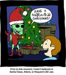  2006 alien christmas christmas_tree clothing costume duo english_text gift happy hat holidays human humor mammal open_mouth ornaments santa_costume saturday_morning_breakfast_cereal smile teeth text tree 