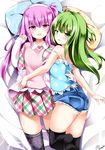  bad_id bad_pixiv_id beatmania beatmania_iidx green_eyes green_hair highres kitami_erika long_hair maremay0513 mizushiro_celica multiple_girls purple_eyes purple_hair younger 