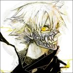  close-up coat expressionless face ha.skr_(hasukara) looking_at_viewer lowres male_focus mask original simple_background solo spiked_hair teeth upper_body white_background white_hair yellow_eyes 