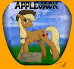  2016 applejack_(mlp) blonde_hair blush cutie_mark earth_pony equine female feral freckles friendship_is_magic fur green_eyes hair hat hay horse looking_at_viewer mammal my_little_pony orange_fur outside pony signature simple_background smile solo text thefishe77 