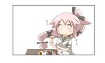  :t buttons cup drinking_glass eating food food_on_face fork hair_flaps hair_ornament hair_ribbon highres kantai_collection knife long_hair looking_at_viewer meat nanakusa_nazuna pink_hair plate ponytail prehensile_hair ribbon school_uniform serafuku side_ponytail simple_background solo table very_long_hair white_background wine_glass yura_(kantai_collection) 