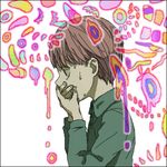  copyright_request covering_mouth green_shirt ha.skr_(hasukara) lowres male_focus psychedelic shirt solo sweat wide-eyed 