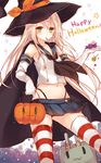  adapted_object blonde_hair blush candy cape food green_eyes halloween happy_halloween hat jack-o'-lantern kantai_collection komeshiro_kasu long_hair mouth_hold navel rensouhou-chan shimakaze_(kantai_collection) solo witch_hat 