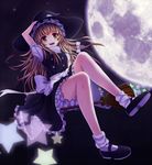  blonde_hair broom broom_riding brown_eyes dress hat kirisame_marisa long_hair looking_at_viewer mary_janes meng_xiao_jiong moon night outdoors shoes solo star touhou witch_hat 