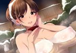  :d breasts brown_eyes brown_hair cleavage covered_nipples cup floating_breasts inari_(inariya) large_breasts looking_at_viewer naked_towel nipples onsen open_mouth original protected_link sakazuki see-through smile snow solo teeth towel wet 