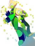  blonde_hair bodysuit commentary dual_persona dutch_angle forehead_jewel green_bodysuit green_eyes grin hand_on_hip height_difference highres looking_at_another mei_(artist) multiple_girls peridot_(steven_universe) simple_background smile star steven_universe tape_recorder visor white_background 