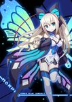  azure_striker_gunvolt bare_shoulders blonde_hair breasts butterfly_hair_ornament cleavage degarashi_(ponkotsu) detached_sleeves hair_ornament highres long_hair lumen_(gunvolt) medium_breasts multicolored_hair red_hair solo thighhighs two-tone_hair wide_sleeves wings 