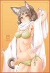  animal_ears arm_up armpits bikini breasts brown_eyes brown_hair cat_ears cat_tail cleavage hair_ornament hairclip highres knit_bikini knit_swimsuit medium_breasts navel scarf short_hair smile solo swimsuit tail uni_tenten 
