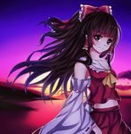  brown_eyes brown_hair detached_sleeves hair_ornament hakurei_reimu long_hair looking_at_viewer meng_xiao_jiong outdoors smile solo touhou 