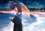  beach black_coat black_eyes black_hair city_lights coat from_side gemi holding holding_umbrella looking_at_viewer night original outdoors rain reflection see-through serious short_hair solo standing transparent transparent_umbrella umbrella water 