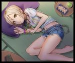  1girl black_eyes blonde_hair commentary_request idolmaster idolmaster_cinderella_girls shiomi_syuko short_hair smile solo yasai_no_ou-sama_lettuce 