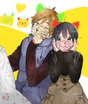  1girl :3 black_hair blue_eyes blush brown_eyes brown_hair couple dress hetero jacket kitashirakawa_tamako long_hair low_twintails momose_(oqo) one_eye_closed ooji_mochizou short_hair surgical_mask tamako_market twintails whiskers 